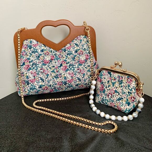 Handmade Large Genuine Printed Floral Leather Wooden Frame Bag with Small Purse